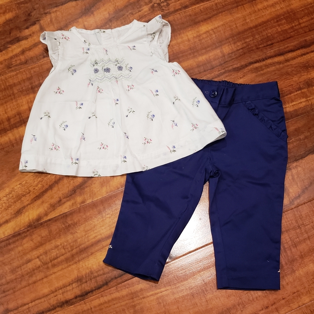 Janie and Jack EUC 3-6 months floral embroidered blouse and sateen pants